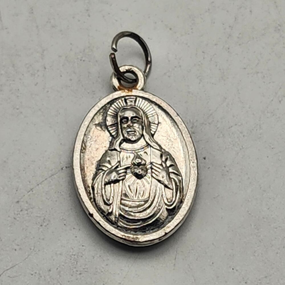 Sacred Heart Jesus Immaculate Mary Catholic Medal Pendant Silver Tone Charm Oval